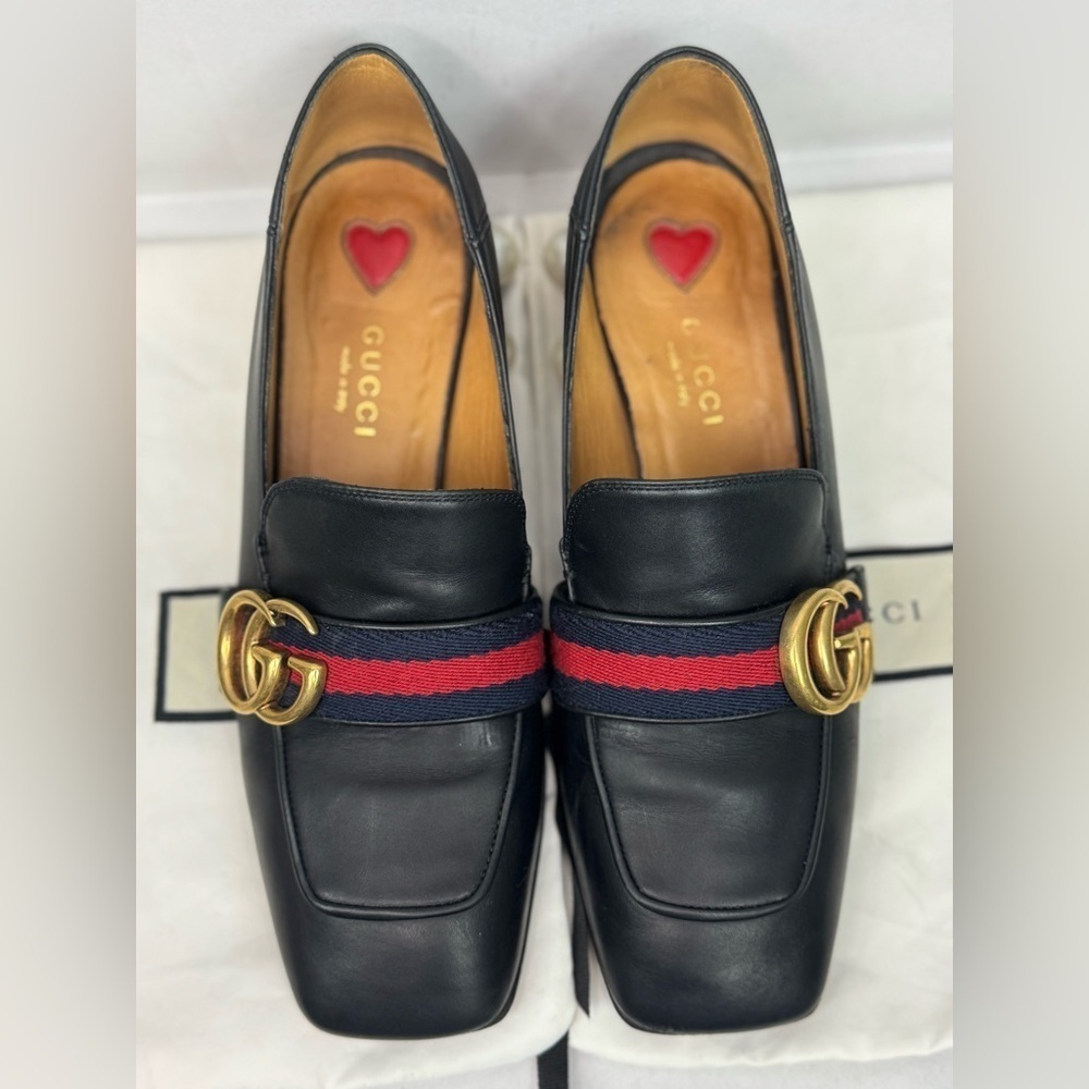 Gucci Peyton GG Pearl Loafer Pumps EU 35 1/2 US 5.5 Black Leather Block Heel.